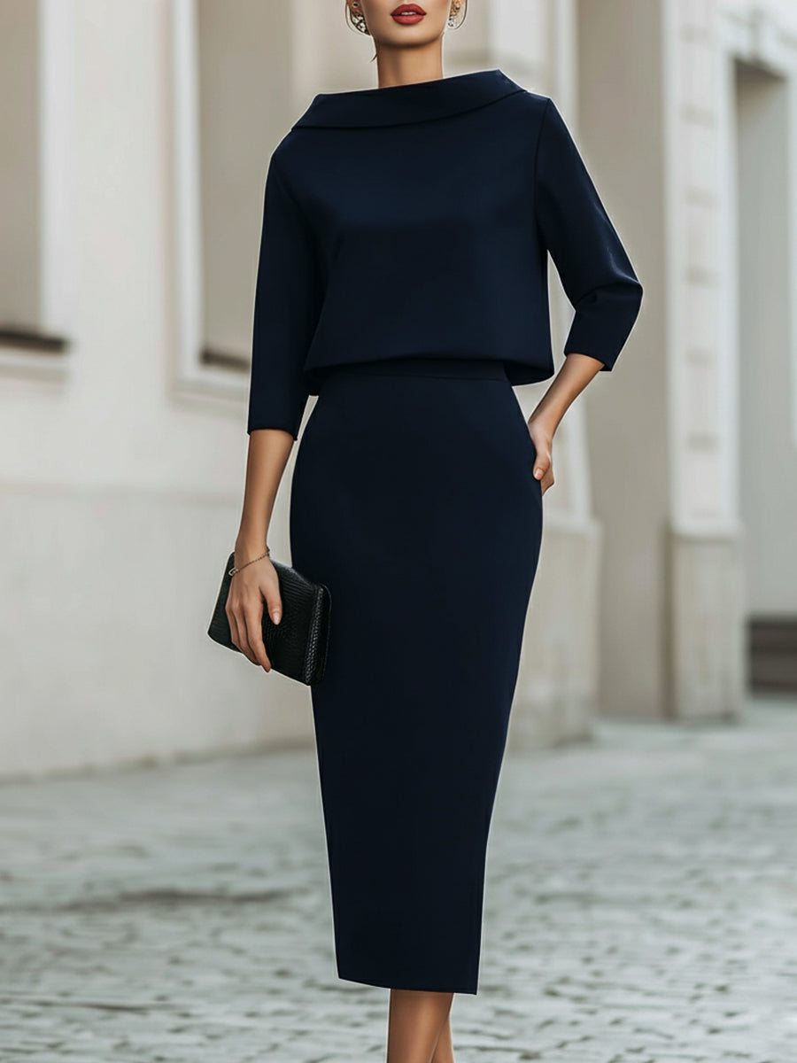 ENSEMBLE HAUT COL BATEAU ET JUPE MIDI DROITE