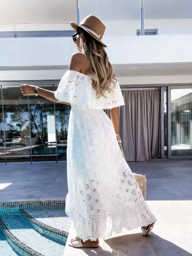 OFF-SHOULDER LACE MAXI DRESS