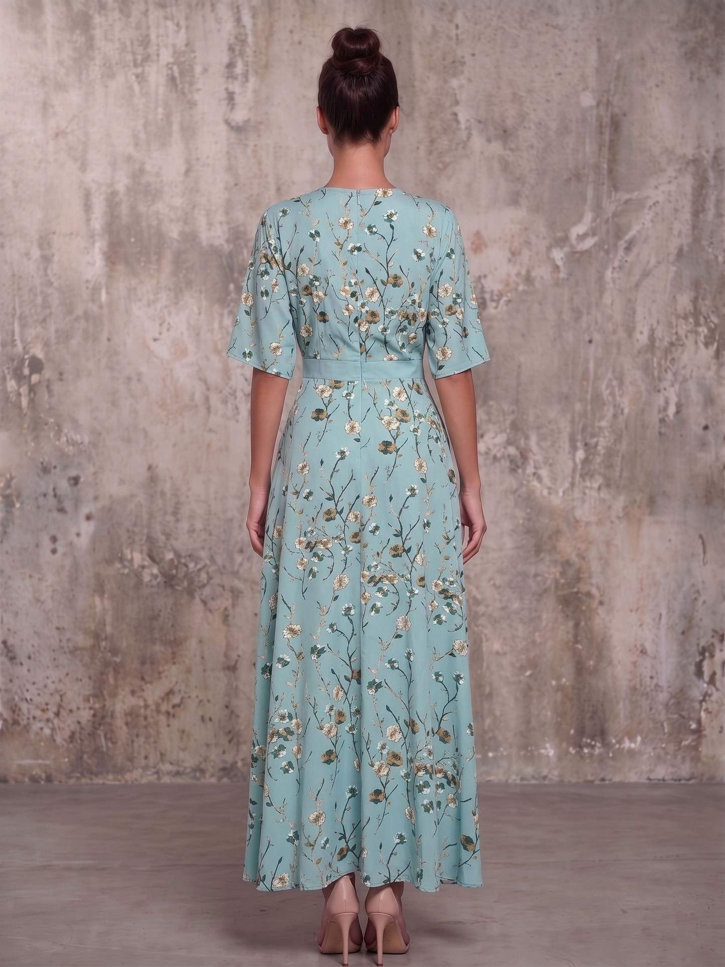 VESTIDO MAXI MANGA 3/4 ESCOTE EN V
