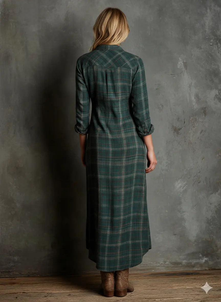 CHECKED MAXI SHIRT DRESS WITH LAPELS