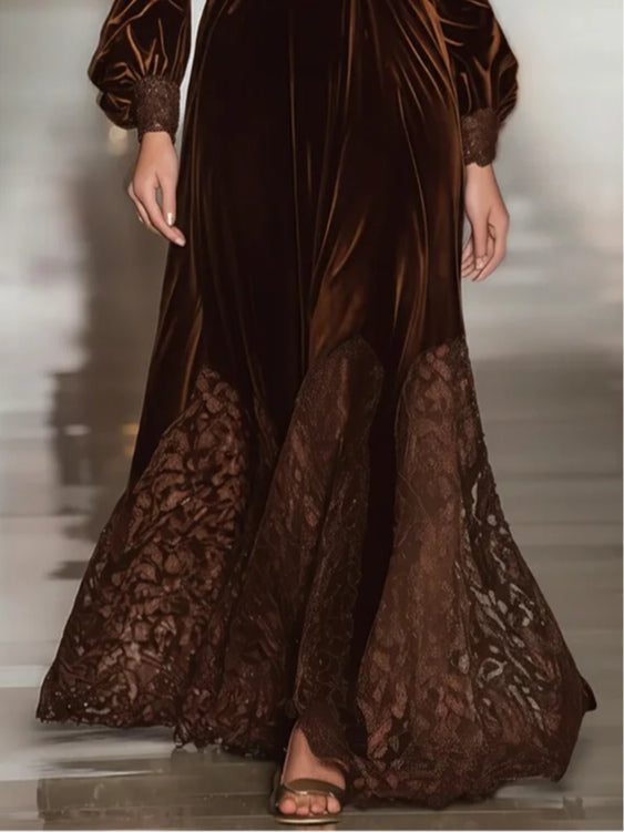 VELVET AND LACE MAXI DRESS WITH BALLOON SLEEVES
