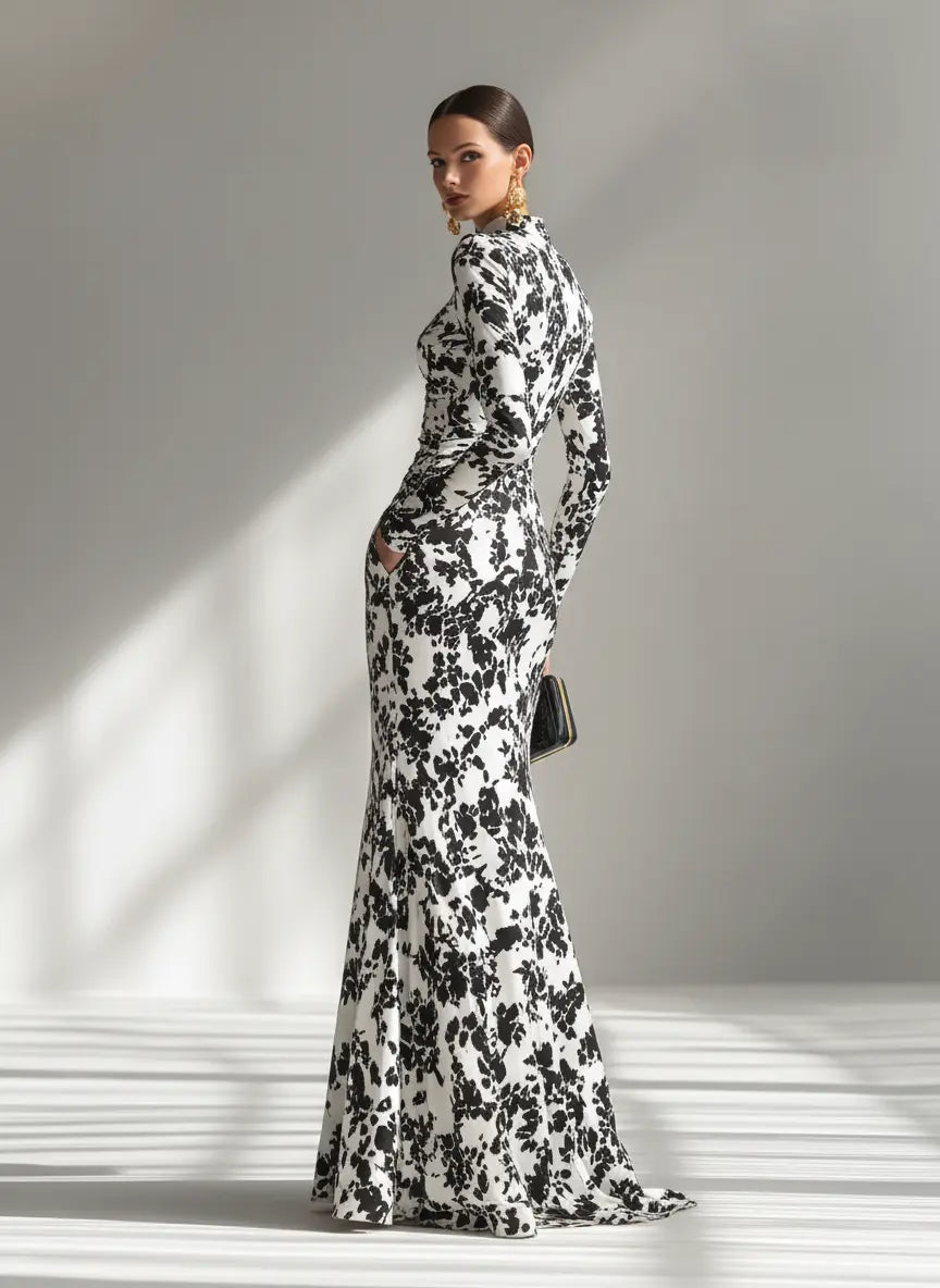 FLORAL MAXI DRESS WITH HIGH NECK AND LONG SLEEVES