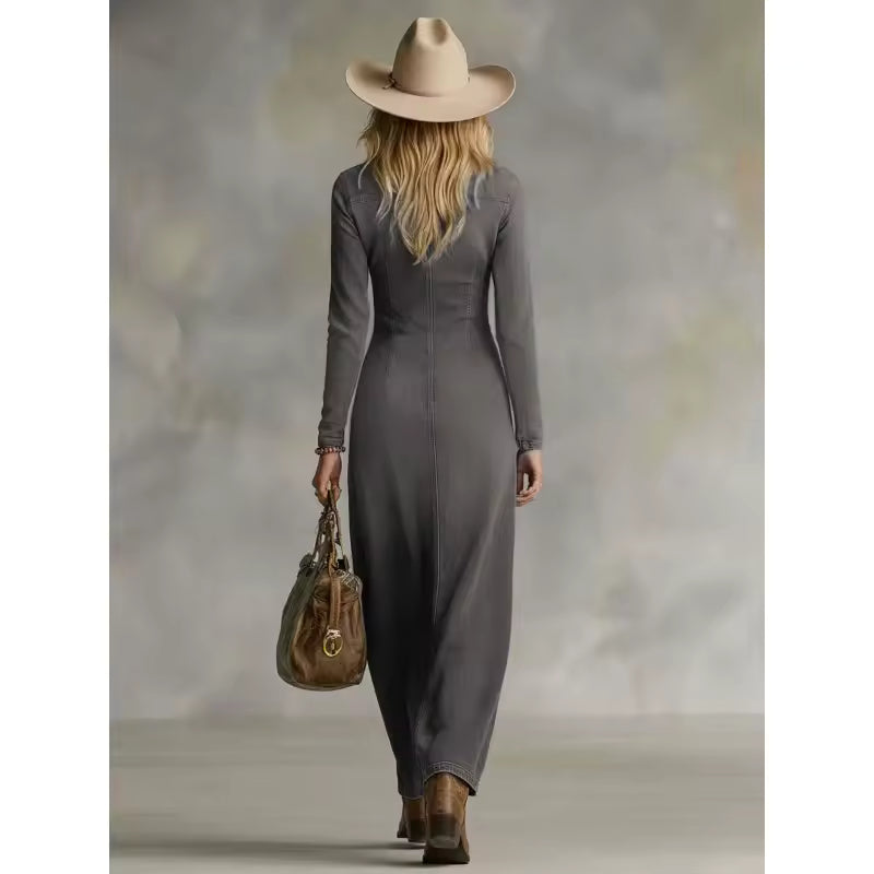 VESTIDO MAXI DENIM ESCOTE V ASIMÉTRICO