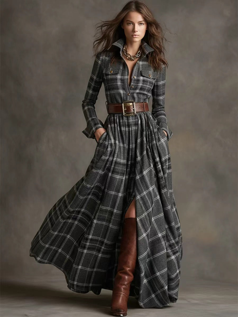 CHECKERED SHIRT DRESS WITH ADJUSTABLE BELT