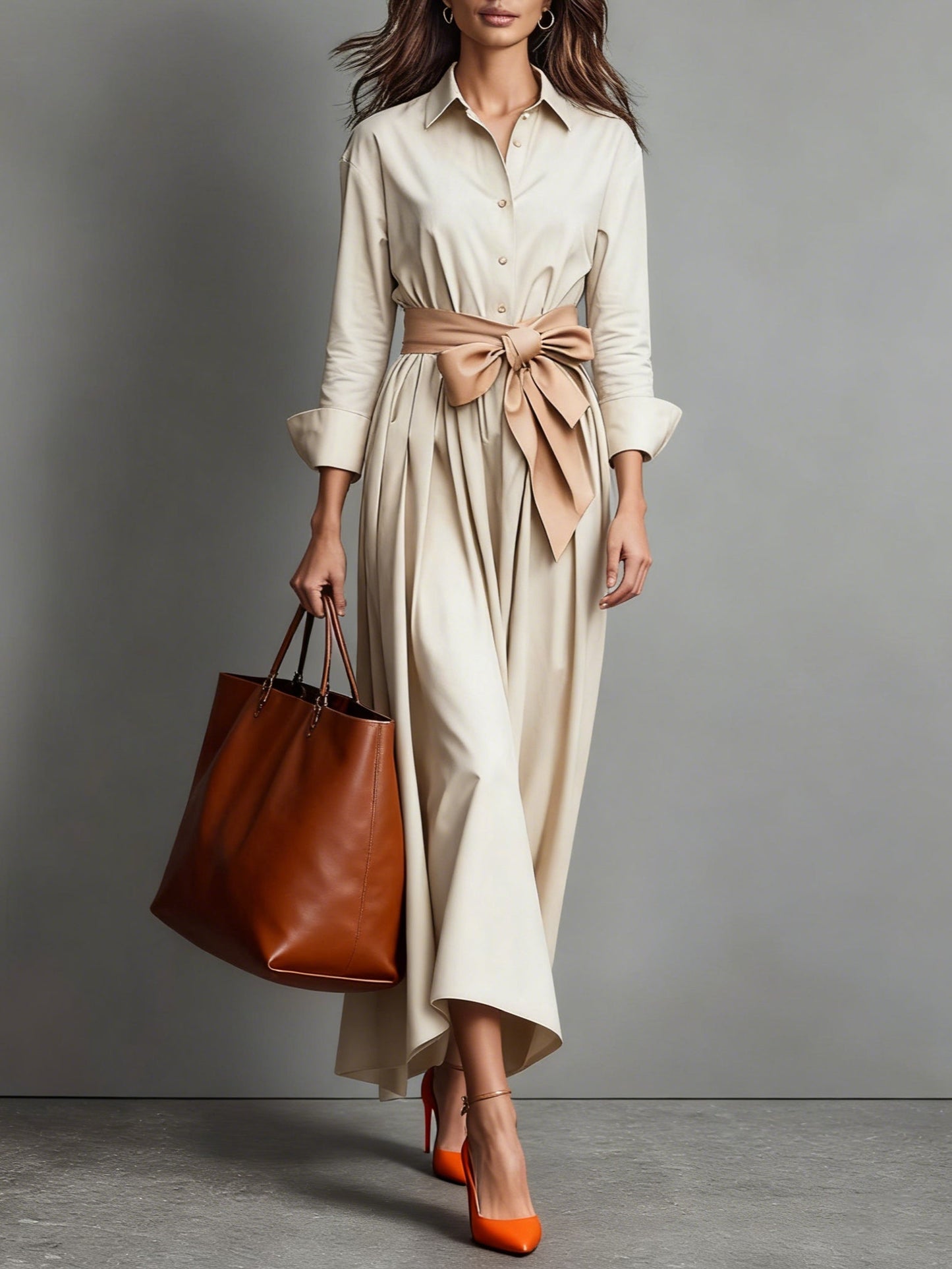 MINIMALIST MAXI SHIRT DRESS WITH WAIST TIE