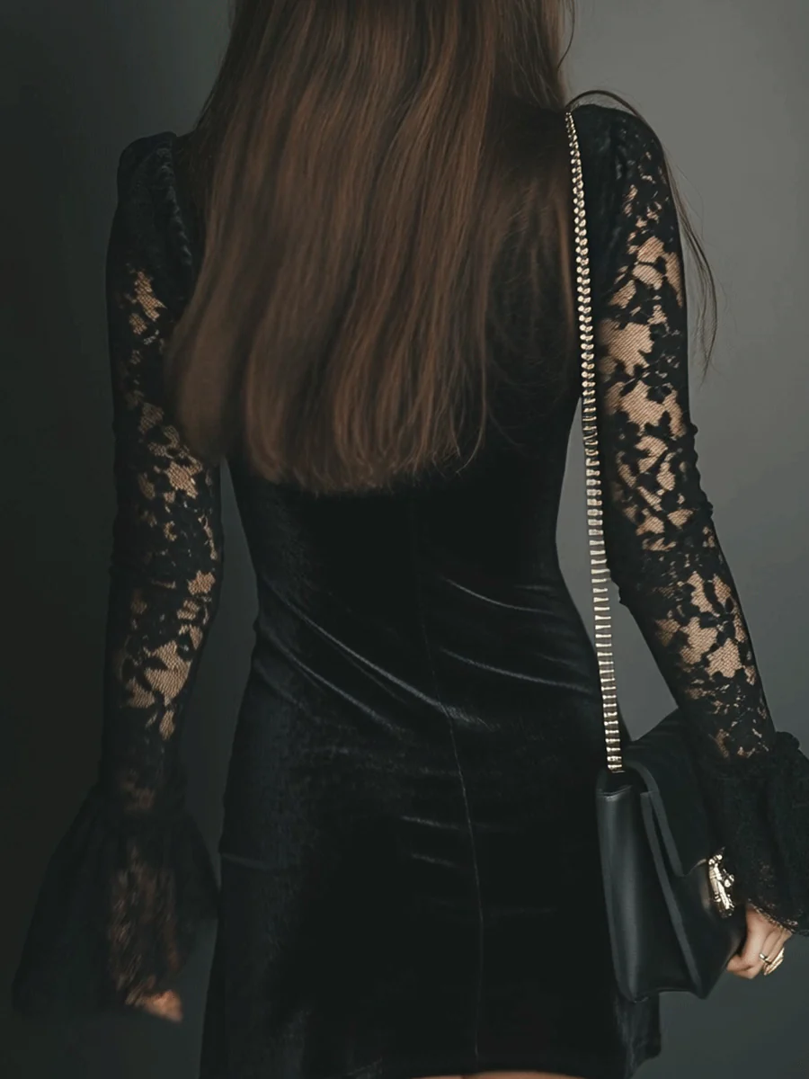 BLACK VELVET MINI DRESS WITH LACE