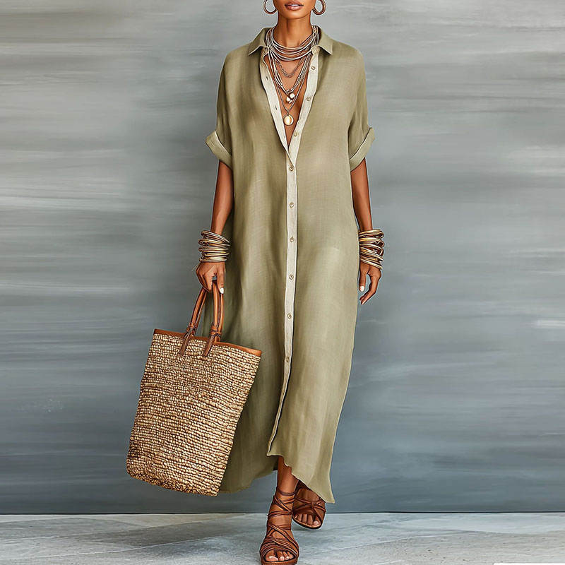 chinese dress ladies SHORT SLEEVE BUTTON-DOWN MAXI SHIRT DRESS WITH LAPEL – Loopy Wear
