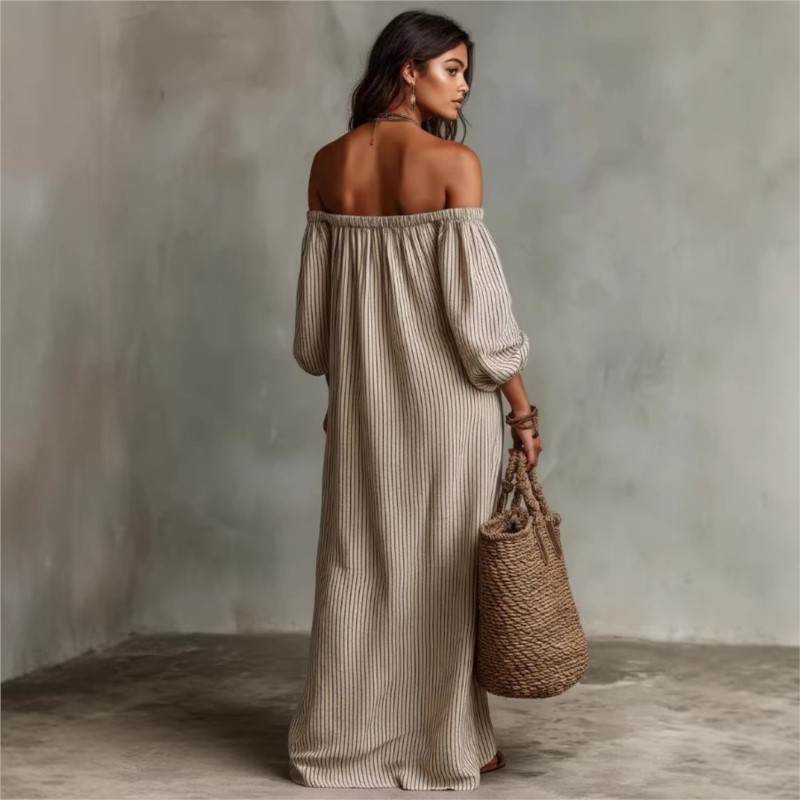 elegant beige striped off shoulder maxi dress for women sophisticated feminine fashion perfect for events and stylish occasions