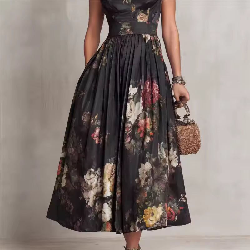 elegant black floral midi dress for women skirt detail refined feminine fashion perfect for events dinners and stylish occasions