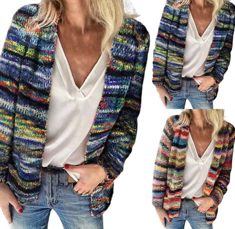 multicolor blue striped open knit cardigan shown in multiple angles featuring soft knit texture relaxed silhouette and versatile city style for casual everyday outfits