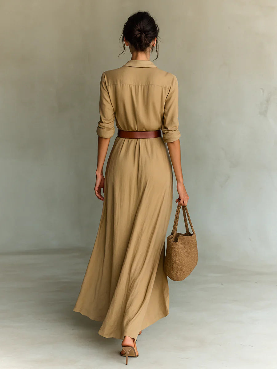 elegant brown long sleeve shirt maxi dress for women back view with belt refined feminine fashion perfect for stylish outfits and occasions
