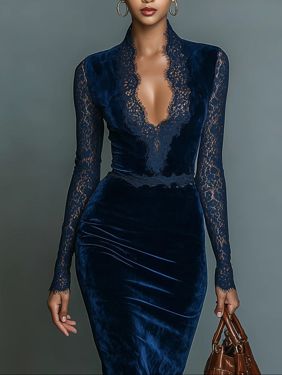BLUE VELVET MIDI DRESS WITH V-NECK AND LACE
