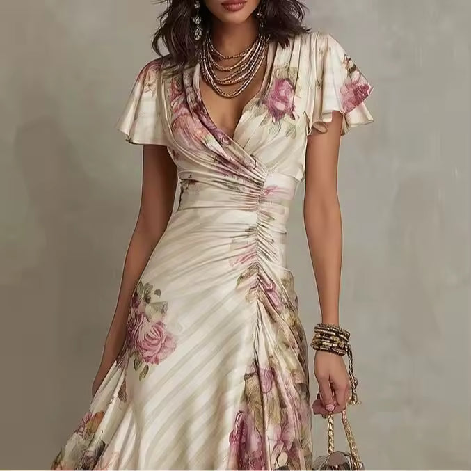 elegant floral v neck ruffle midi dress for women top detail refined feminine fashion perfect for events and stylish occasions