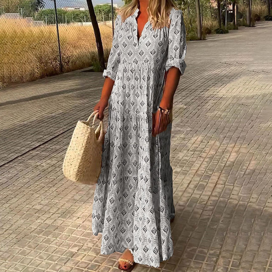 elegant gray v neck maxi dress for women comfortable refined feminine fashion perfect for events dinners and stylish occasions