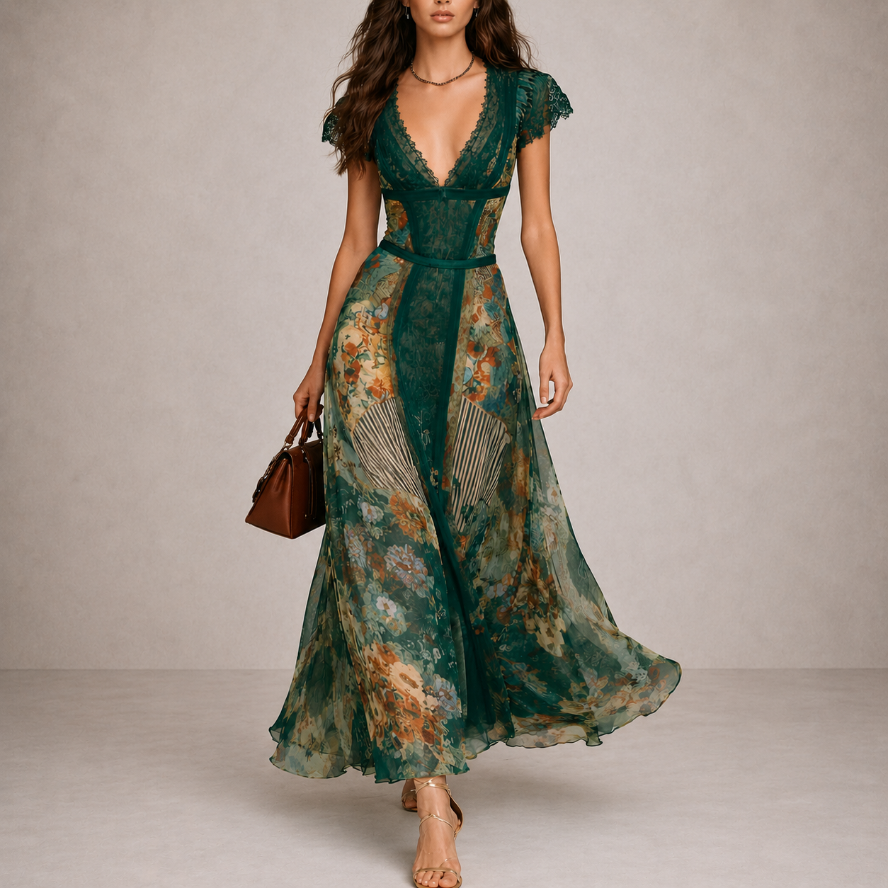 FLORAL MAXI DRESS WITH DEEP NECKLINE, DEFINED WAIST AND BOHO ELEGANCE –  Loopy Wear