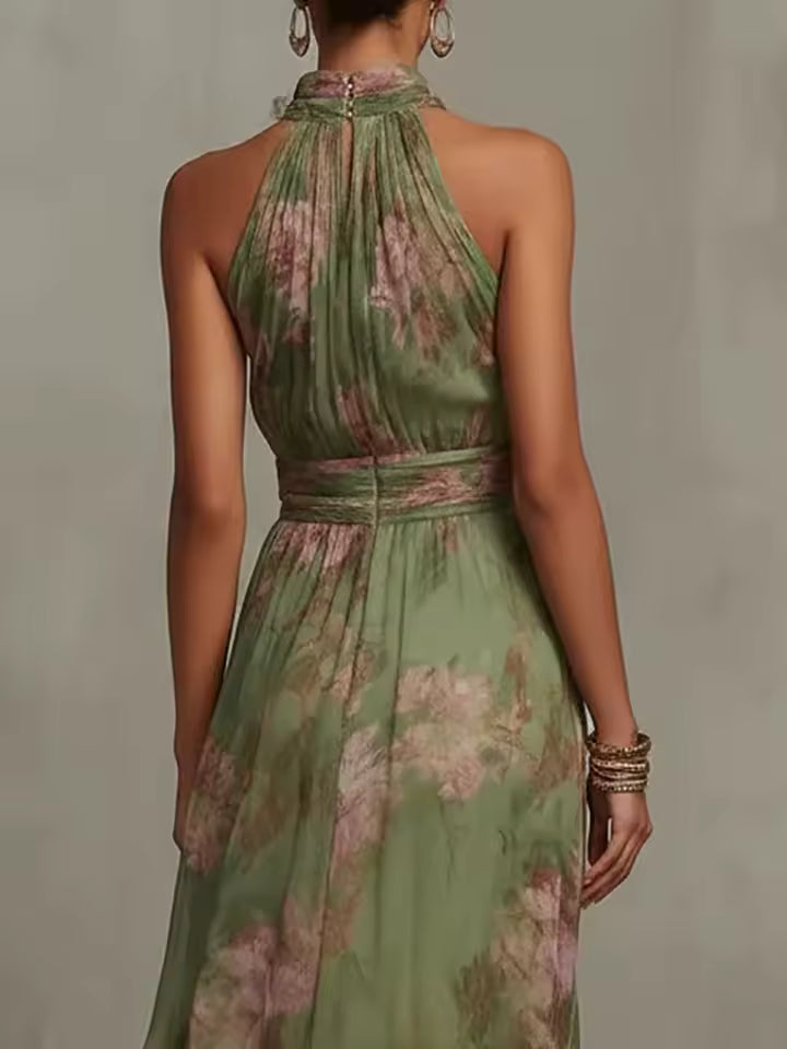 elegant green floral halter chiffon maxi dress for women back view with belt refined feminine fashion perfect for events and stylish occasions