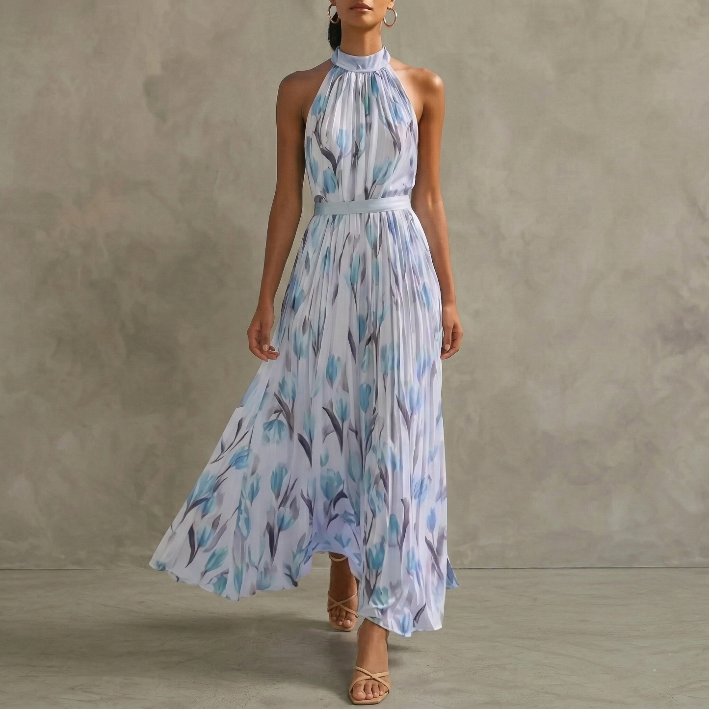 elegant light blue floral halter maxi dress for women with flowy skirt movement sophisticated feminine fashion perfect for events and stylish occasions