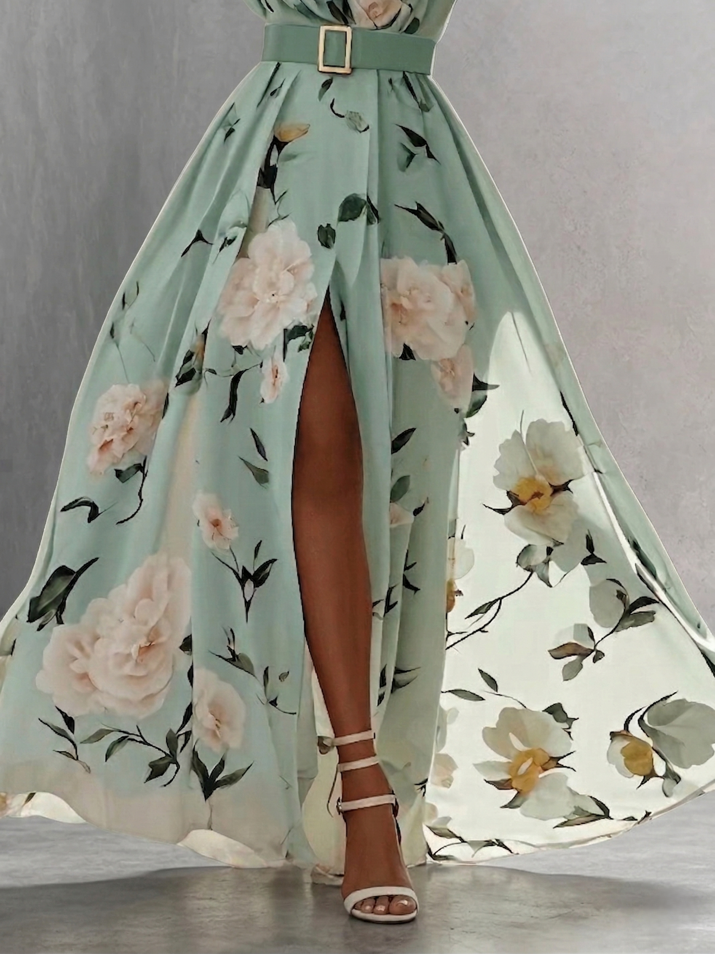 elegant one shoulder floral chiffon maxi dress for women skirt detail with slit and flowy fabric sophisticated feminine fashion perfect for events