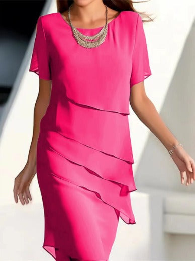 elegant pink draped chiffon midi dress for women with round neck refined feminine fashion perfect for events dinners and stylish occasions