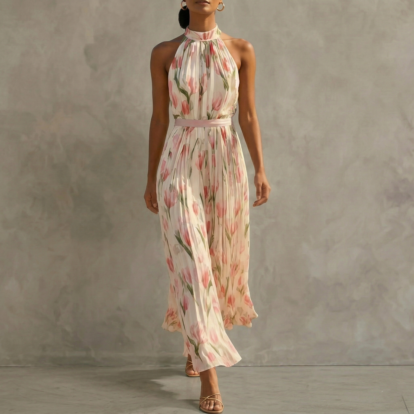 elegant pink floral halter maxi dress for women sleeveless walking view sophisticated feminine fashion perfect for events and stylish occasions