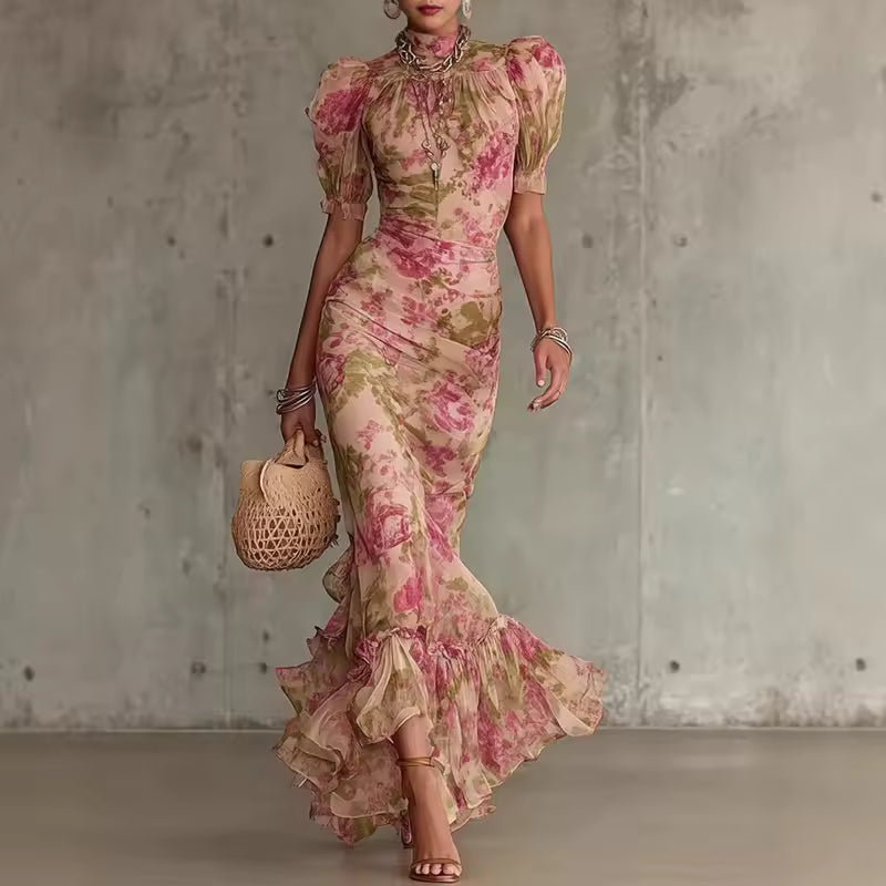 FLORAL MAXI DRESS HIGH NECK PUFF SLEEVES RUFFLES – Loopy Wear