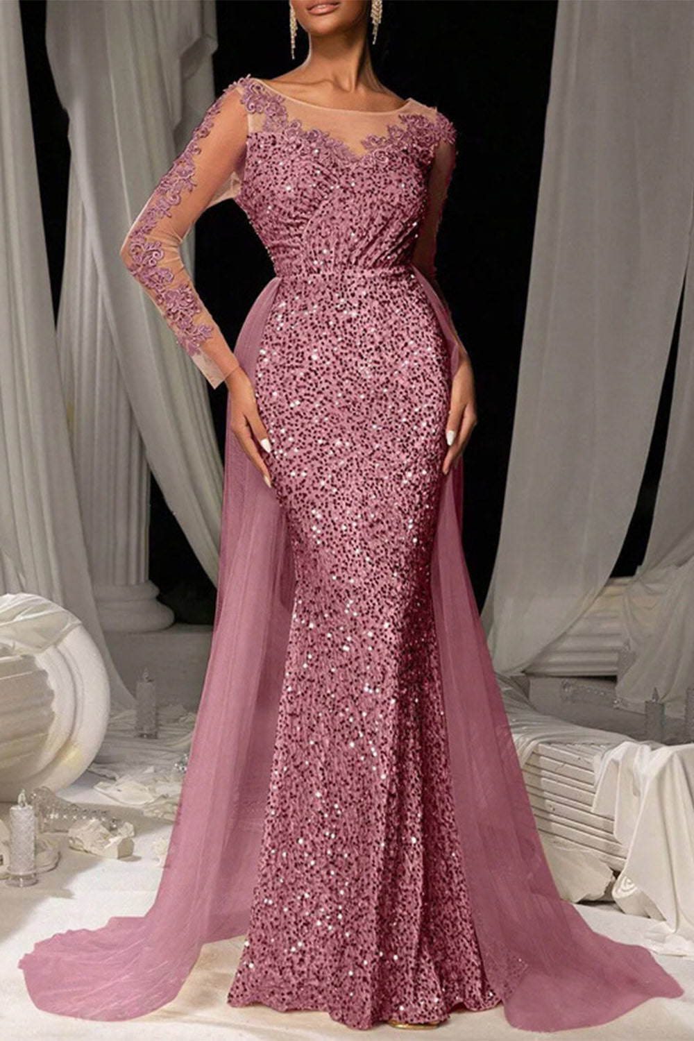 elegant mermaid maxi dress for women with sequins lace and tulle sophisticated feminine fashion perfect for events and formal occasions