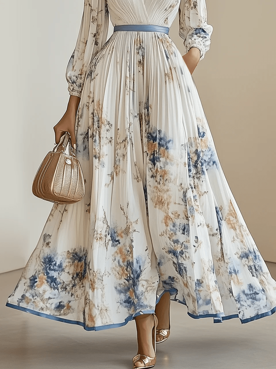 elegant white floral pleated maxi dress with balloon sleeves for women chic feminine fashion perfect for events dinners and elegant occasions