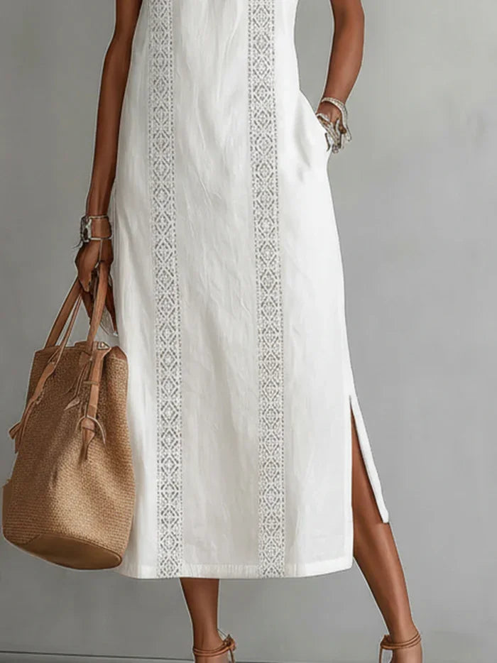 elegant white off shoulder maxi dress for women skirt detail with slit and vertical lace refined feminine fashion perfect for outings and occasions