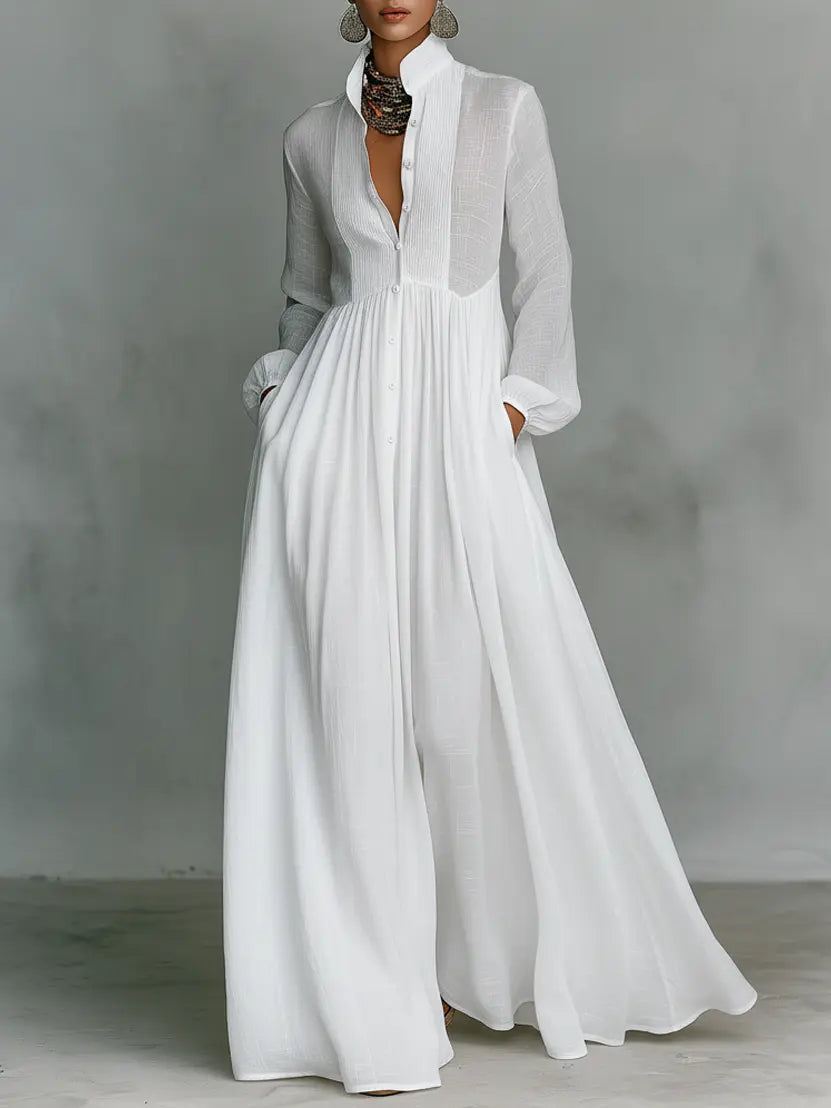 MINIMALIST MAXI DRESS COTTON LINEN MAO COLLAR (MANDARIN COLLAR) Loopy Wear MINIMALIST MAXI DRESS COTTON LINEN MAO COLLAR (MANDARIN COLLAR) Loopy Wear