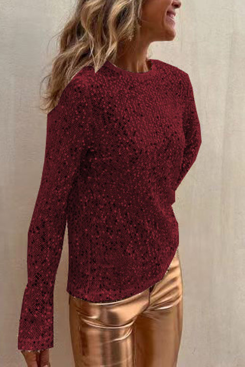 PAILLETTENBLUSE, LANGÄRMLIG, RUNDHALSAUSSCHNITT