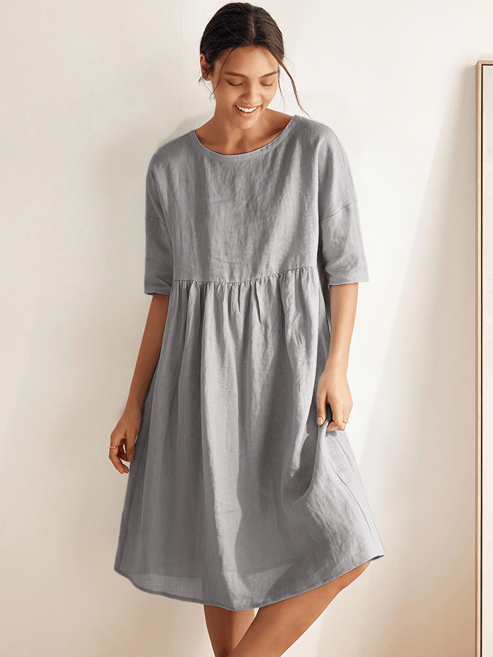 LINEN MIDI DRESS WITH THREE-QUARTER SLEEVE CUT