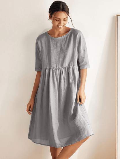 LINEN MIDI DRESS WITH THREE-QUARTER SLEEVE CUT