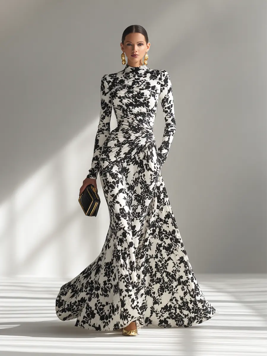 FLORAL MAXI DRESS WITH HIGH NECK AND LONG SLEEVES