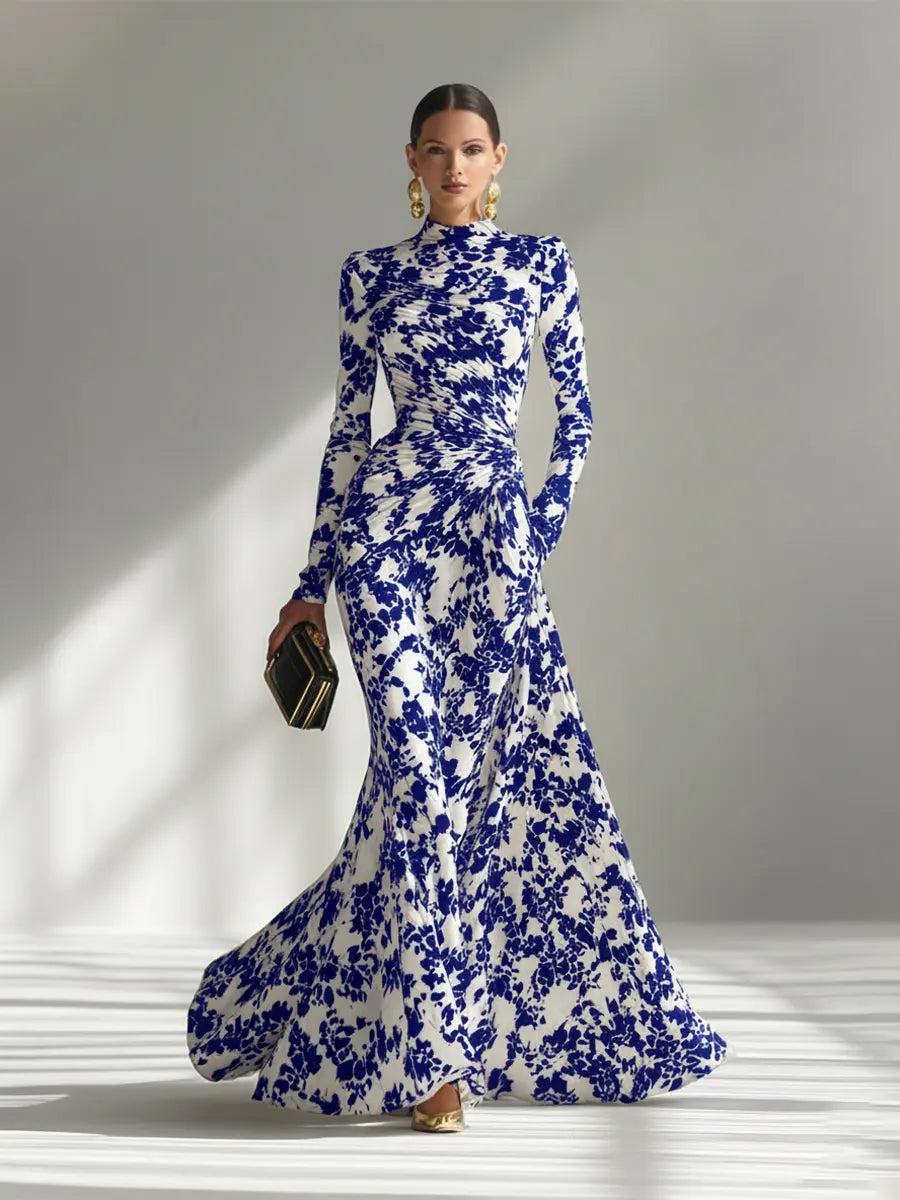 FLORAL MAXI DRESS WITH HIGH NECK AND LONG SLEEVES