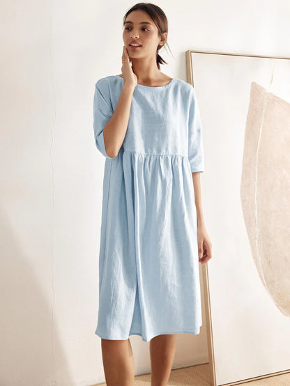 LINEN MIDI DRESS WITH THREE-QUARTER SLEEVE CUT