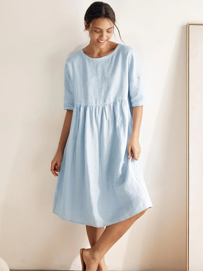 LINEN MIDI DRESS WITH THREE-QUARTER SLEEVE CUT