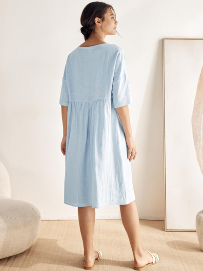 LINEN MIDI DRESS WITH THREE-QUARTER SLEEVE CUT