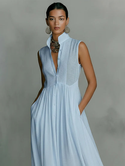 elegant light blue sleeveless maxi dress for women top detail with mao collar and buttons sophisticated feminine fashion perfect for events