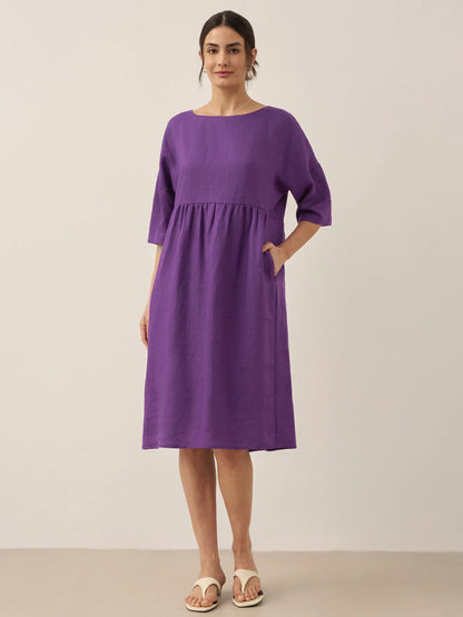 LINEN MIDI DRESS WITH THREE-QUARTER SLEEVE CUT