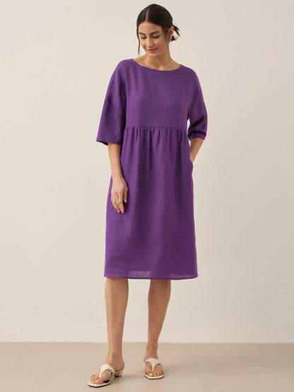 LINEN MIDI DRESS WITH THREE-QUARTER SLEEVE CUT