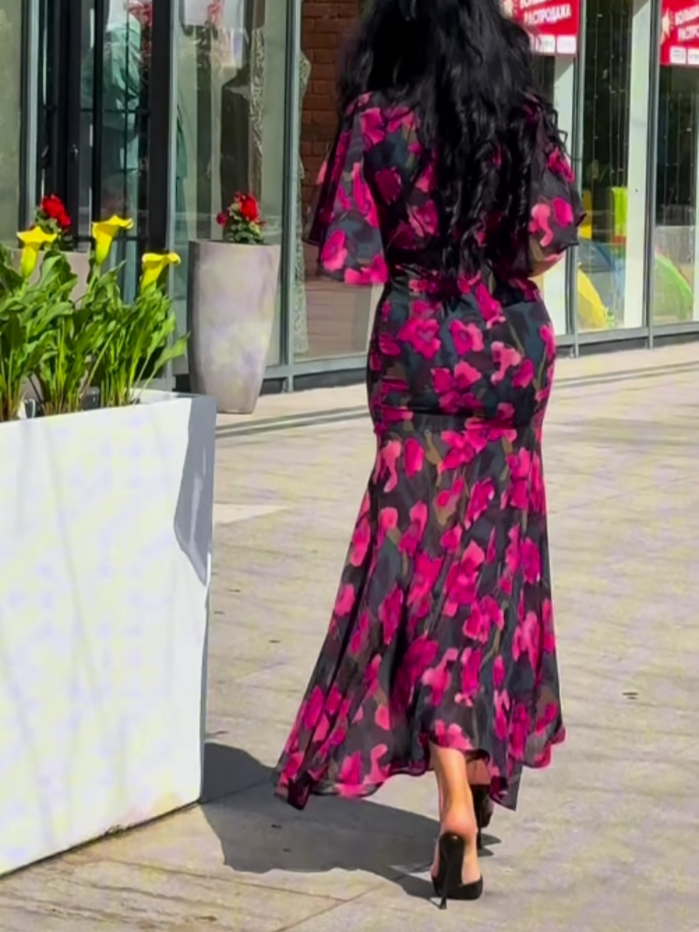 PRINTED V-NECK DRESS WITH BELL SLEEVES