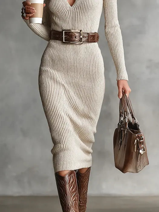 MIDI KNIT DRESS HIGH NECK V-NECK BELT