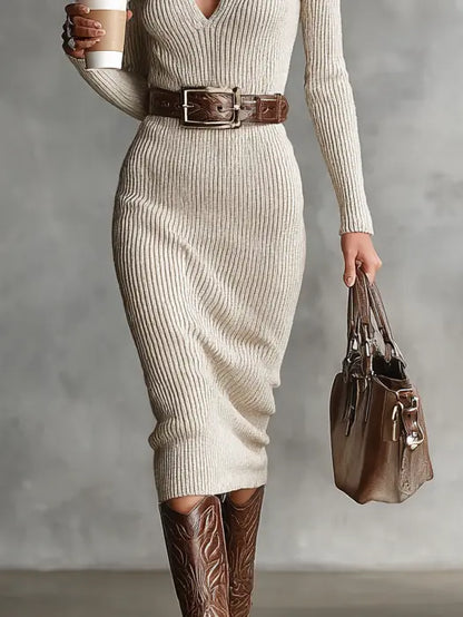MIDI KNIT DRESS HIGH NECK V-NECK BELT