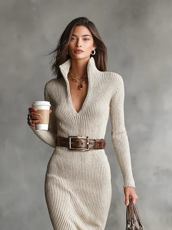 MIDI KNIT DRESS HIGH NECK V-NECK BELT