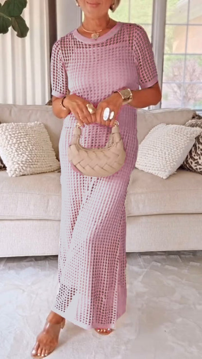 TWO-PIECE DRESS WITH BOAT NECK AND OPENWORK