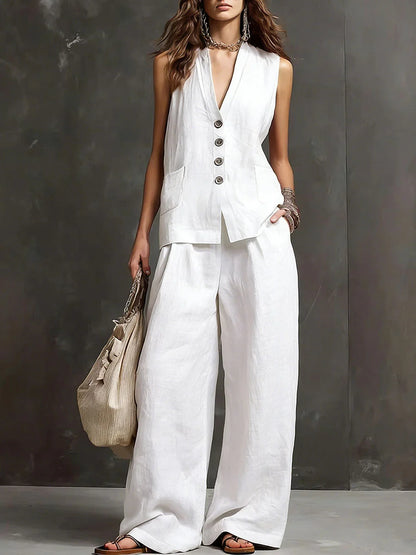 elegant white two piece set for women with v neck button top and wide leg pants sophisticated feminine fashion perfect for events and stylish occasions