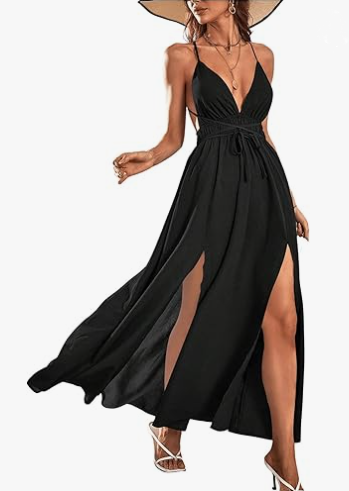 BLACK MAXI DRESS WITH V-NECKLINE AND SLIT