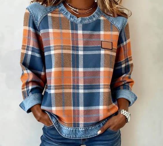 SCOTCH | Patchwork plaid sweatshirt with round neck
