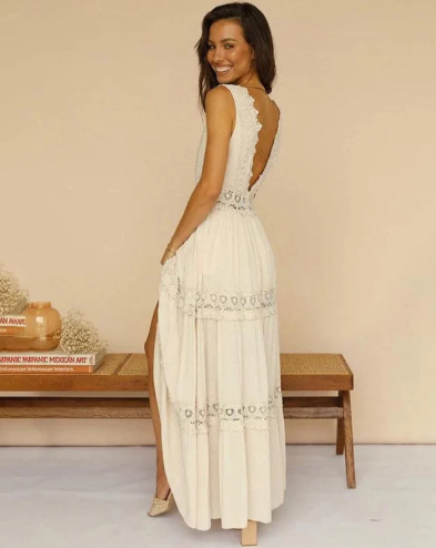 WHITE V-NECK MAXI DRESS