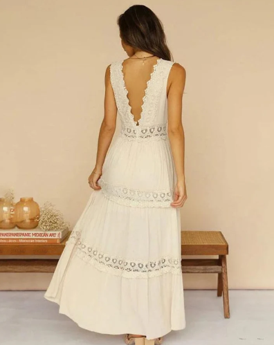 WHITE V-NECK MAXI DRESS